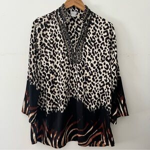Chicos silky animal Print v neck blouse with beaded neckline size 1 8/10